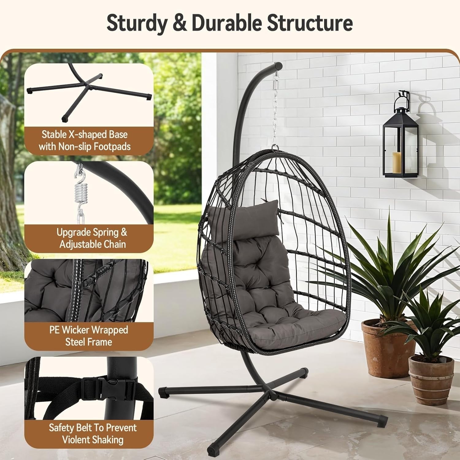 Hanging Egg Chair with Stand Indoor Outdoor Rattan Swing Seat Cushion