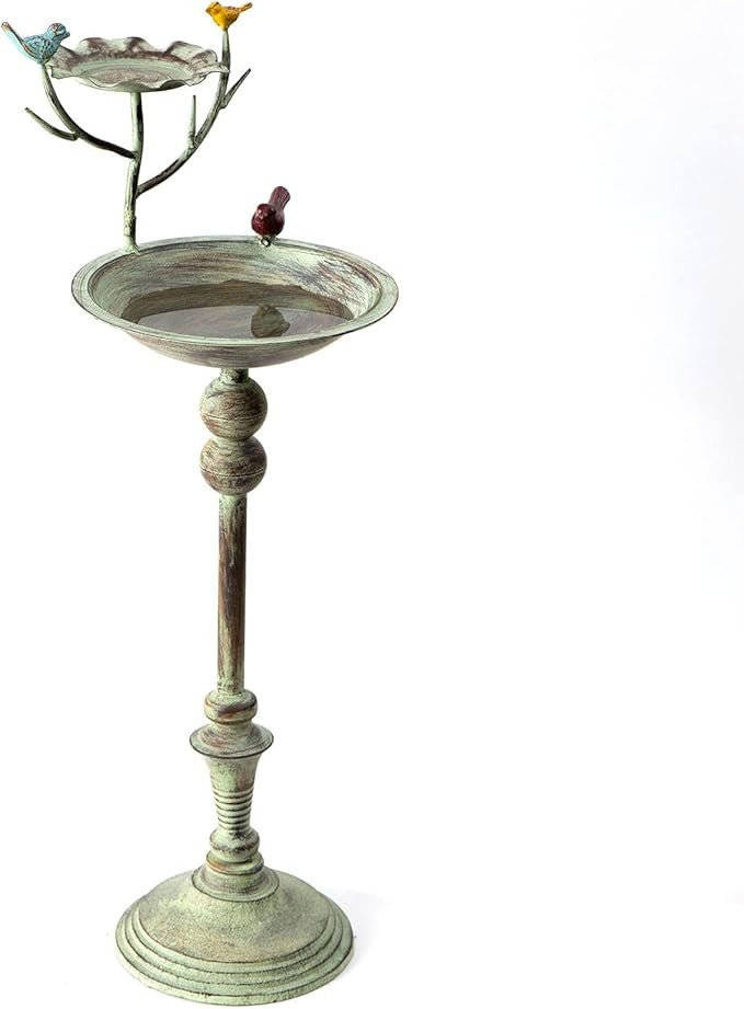 25" Iron Bird Bath & Feeder Stand – Distressed Green Outdoor Garden Décor