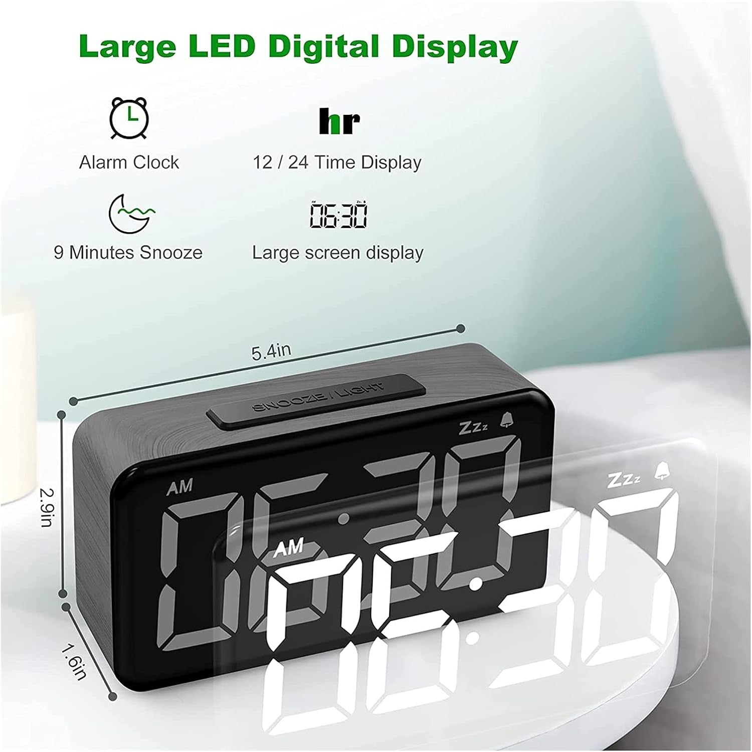 Digital Alarm Clock LED Large Display USB Charging Bedside Clock for Heavy Sleep