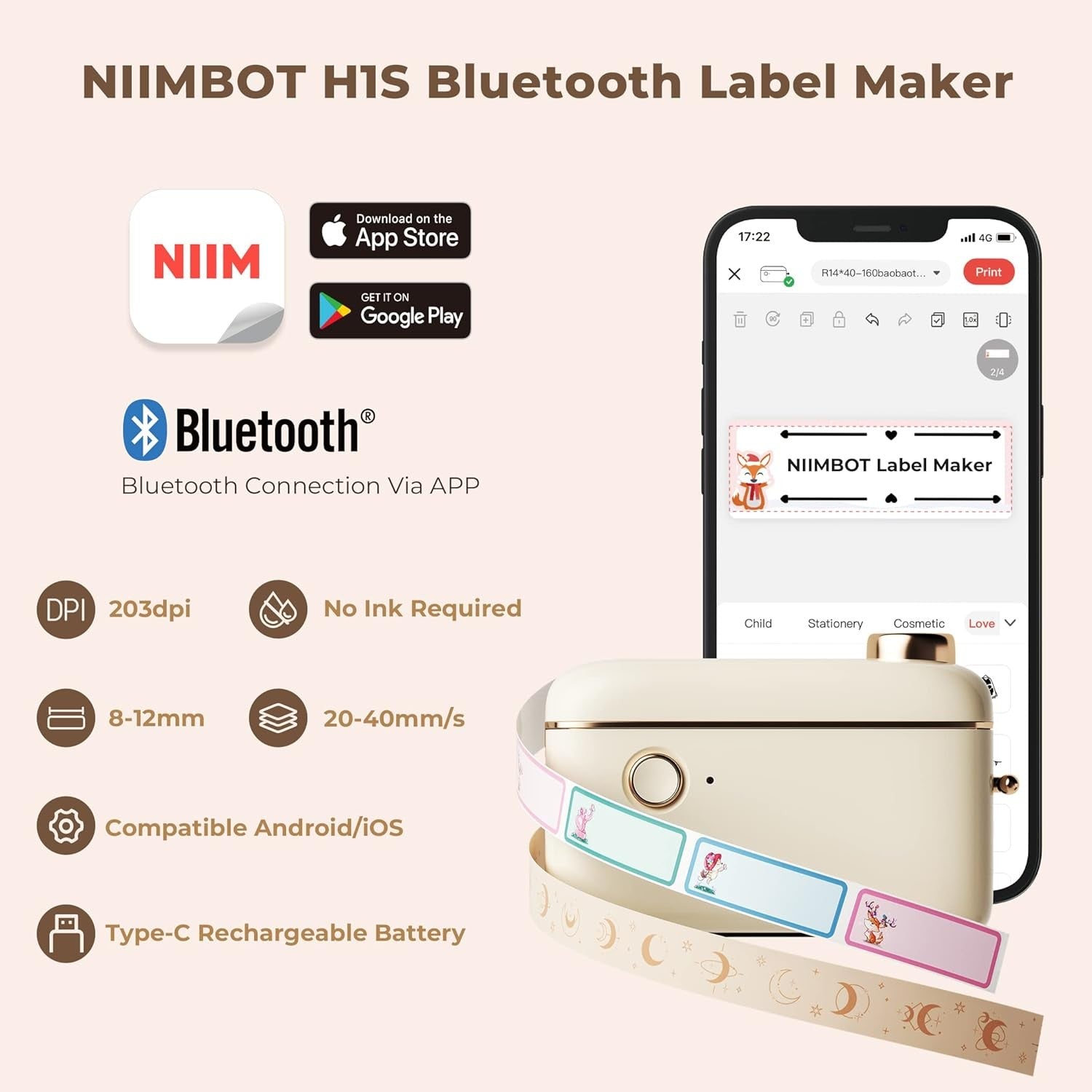 Wireless Thermal Label Maker Bluetooth Mini Beige
