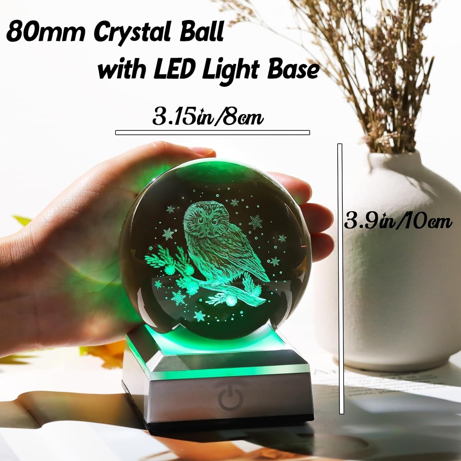3D Crystal Owl Ball LED Light Sphere Ornament Gift Home Decor 8cm K9 Glass