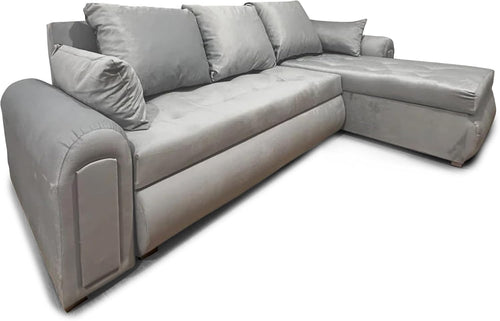 Silver L-Shaped Velvet Sofa Bed w/ Storage Pull-Out Sleeper 4 Seater