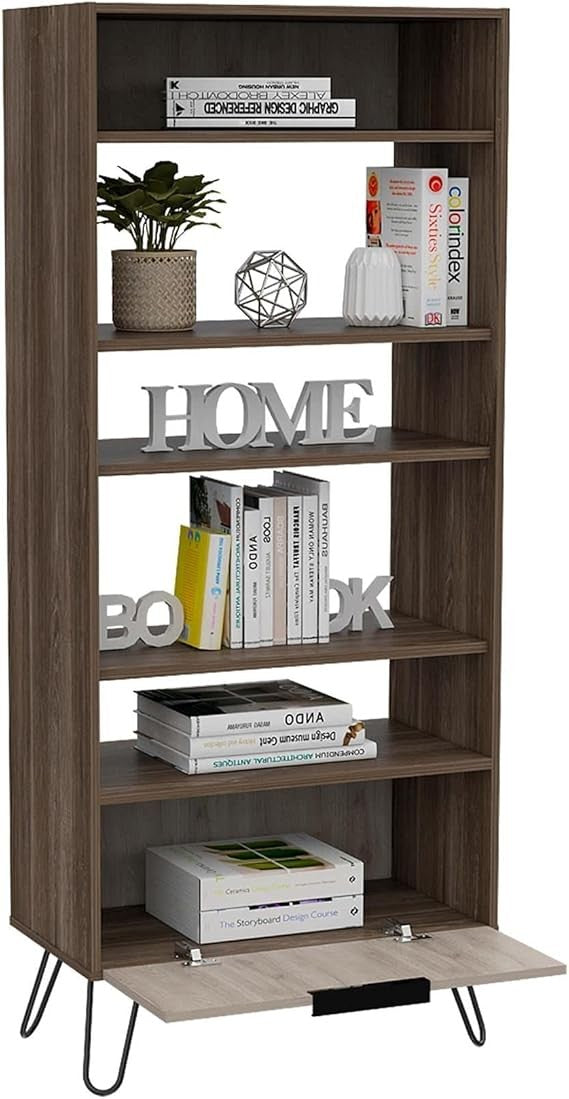 Tall 5 Tier Bookcase Cabinet with Door – Oak Effect Grey Storage Unit Modern