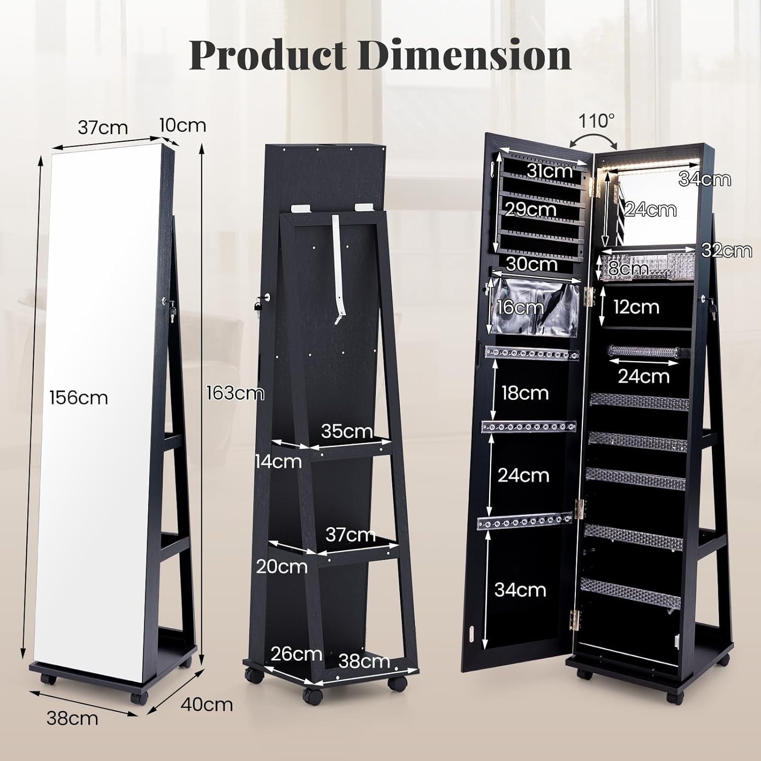 Black LED Jewelry Cabinet Mirror Lockable Rolling Storage Organizer