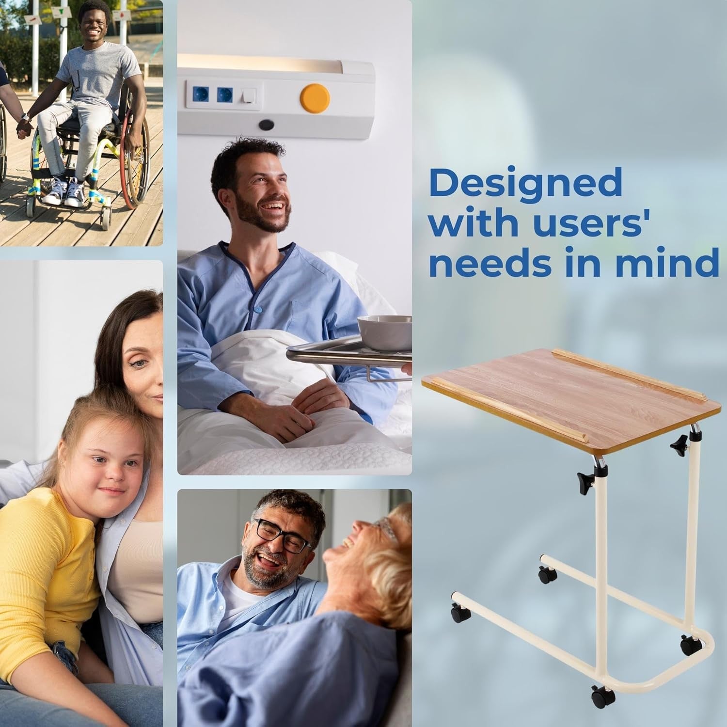 Adjustable Overbed Table with Wheels Bedside Laptop Meal Table Wood Finish