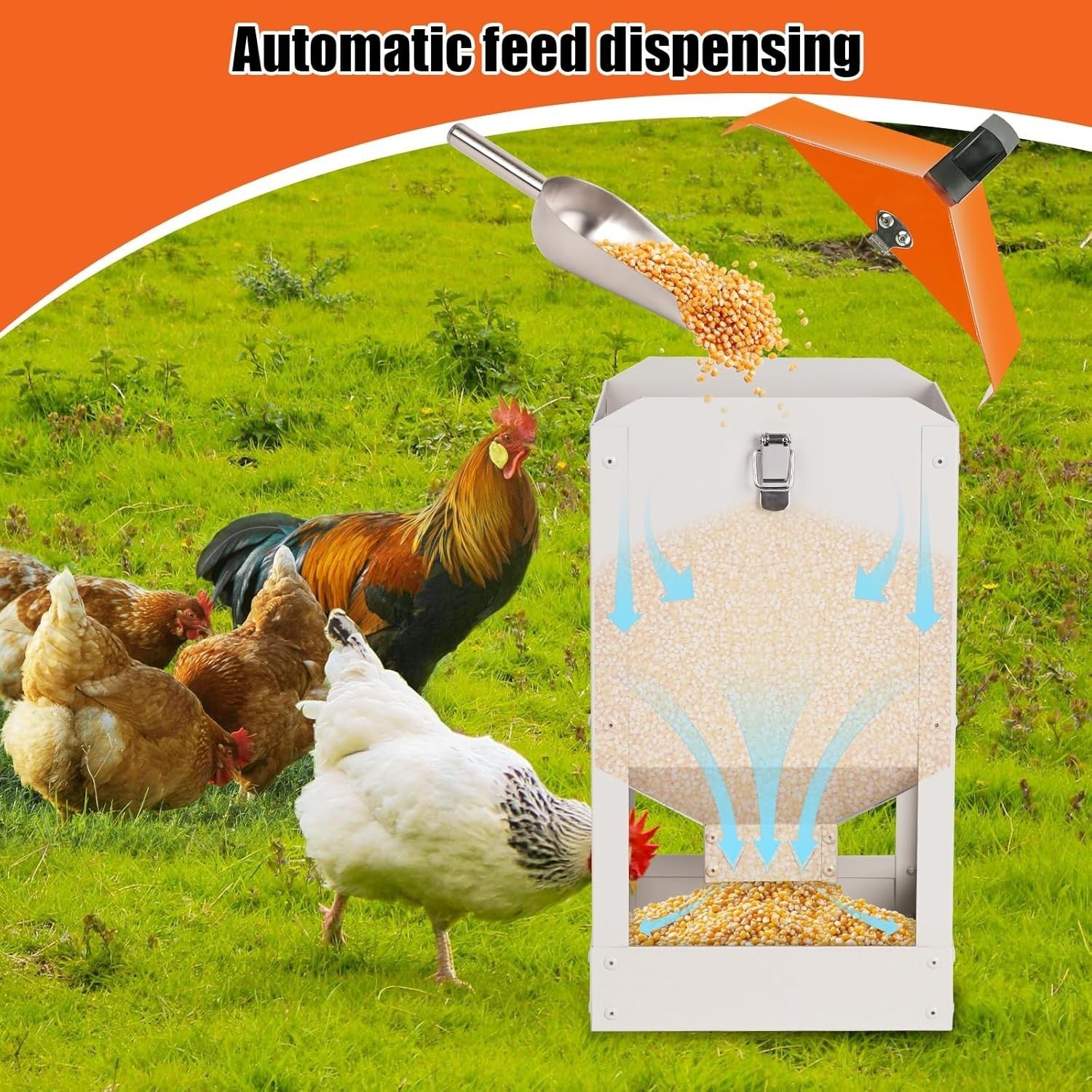 8KG Metal Chicken Feeder Automatic Trough Orange