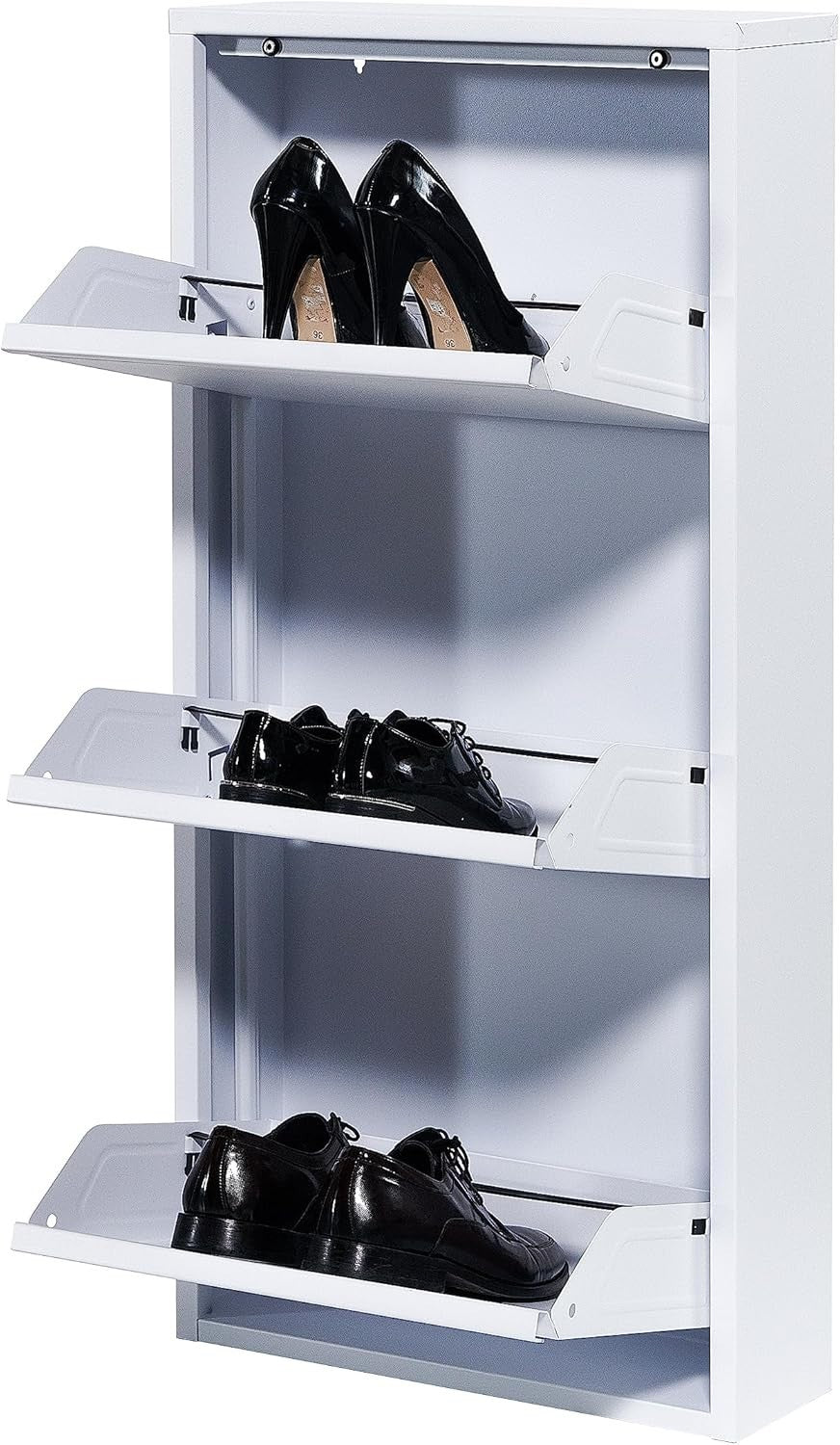 Slim Wall Mounted Shoe Cabinet 3 Drawer Metal Organizer White 104cm