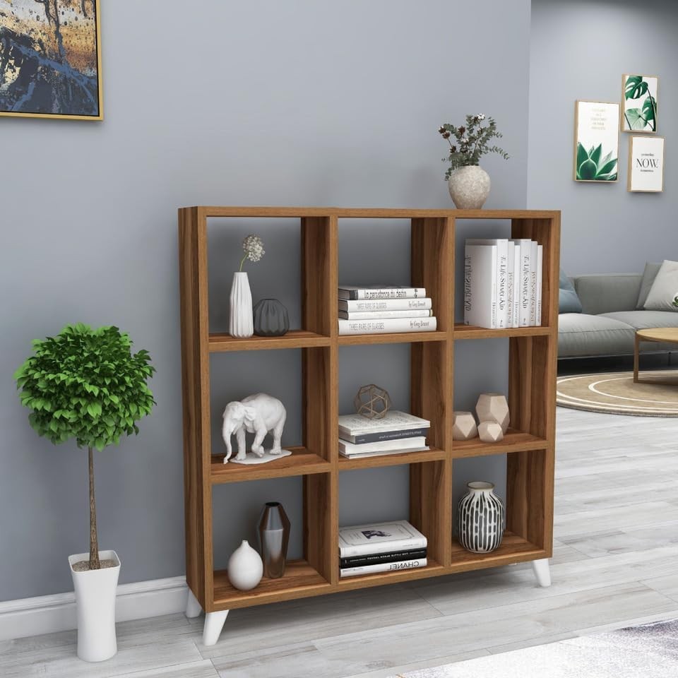 Modern 9-Cube Wood Bookcase with Legs – Display Storage Unit for Living Rooms