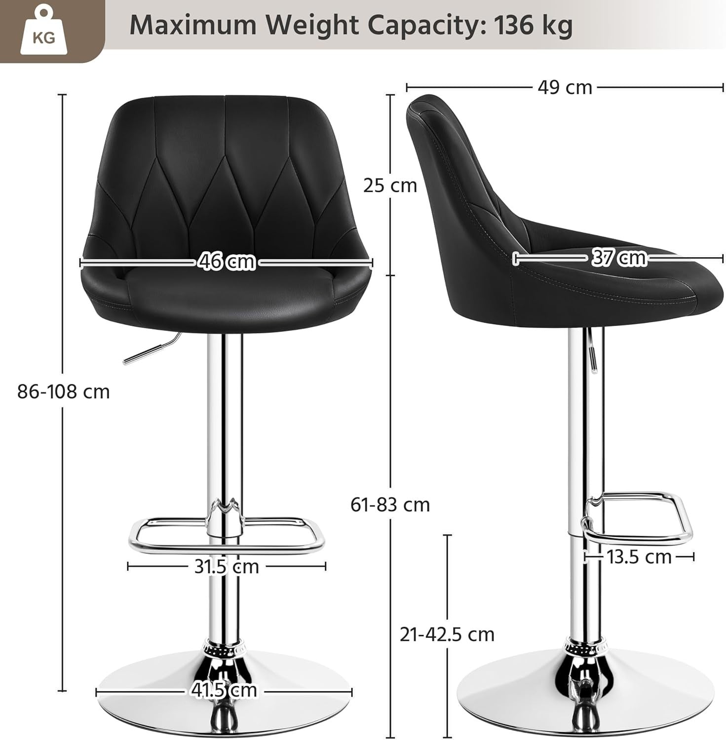 Adjustable Swivel Bar Stools with Backrest & Footrest – Black