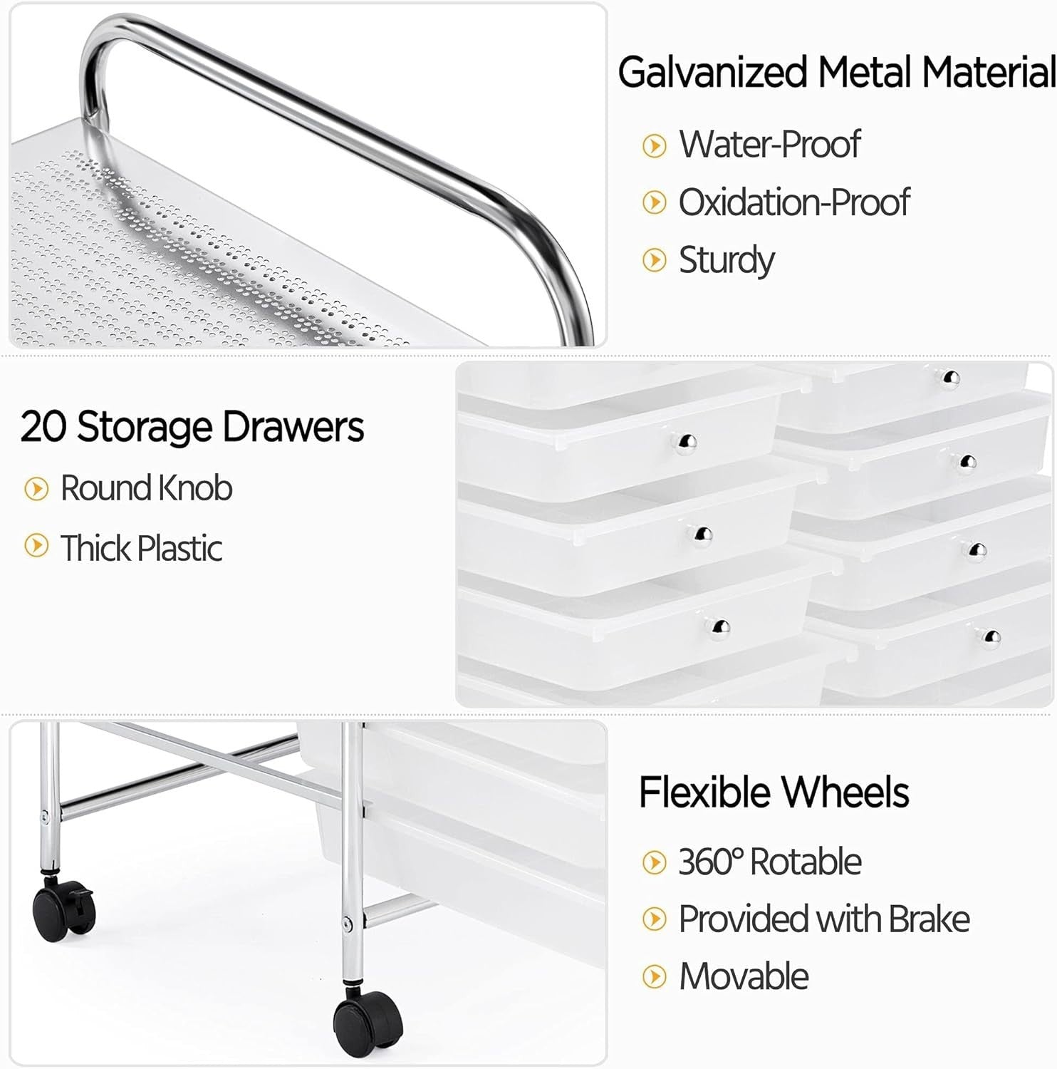 20 Drawer Rolling Storage Cart Mobile Organizer Trolley White Wheels