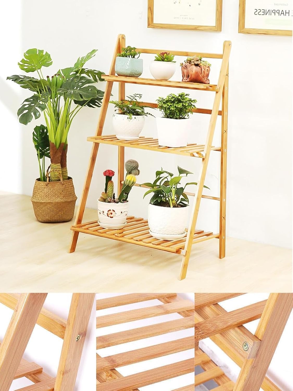 3 Tier Bamboo Ladder Plant Stand | Foldable Indoor Outdoor Flower Pot Shelf