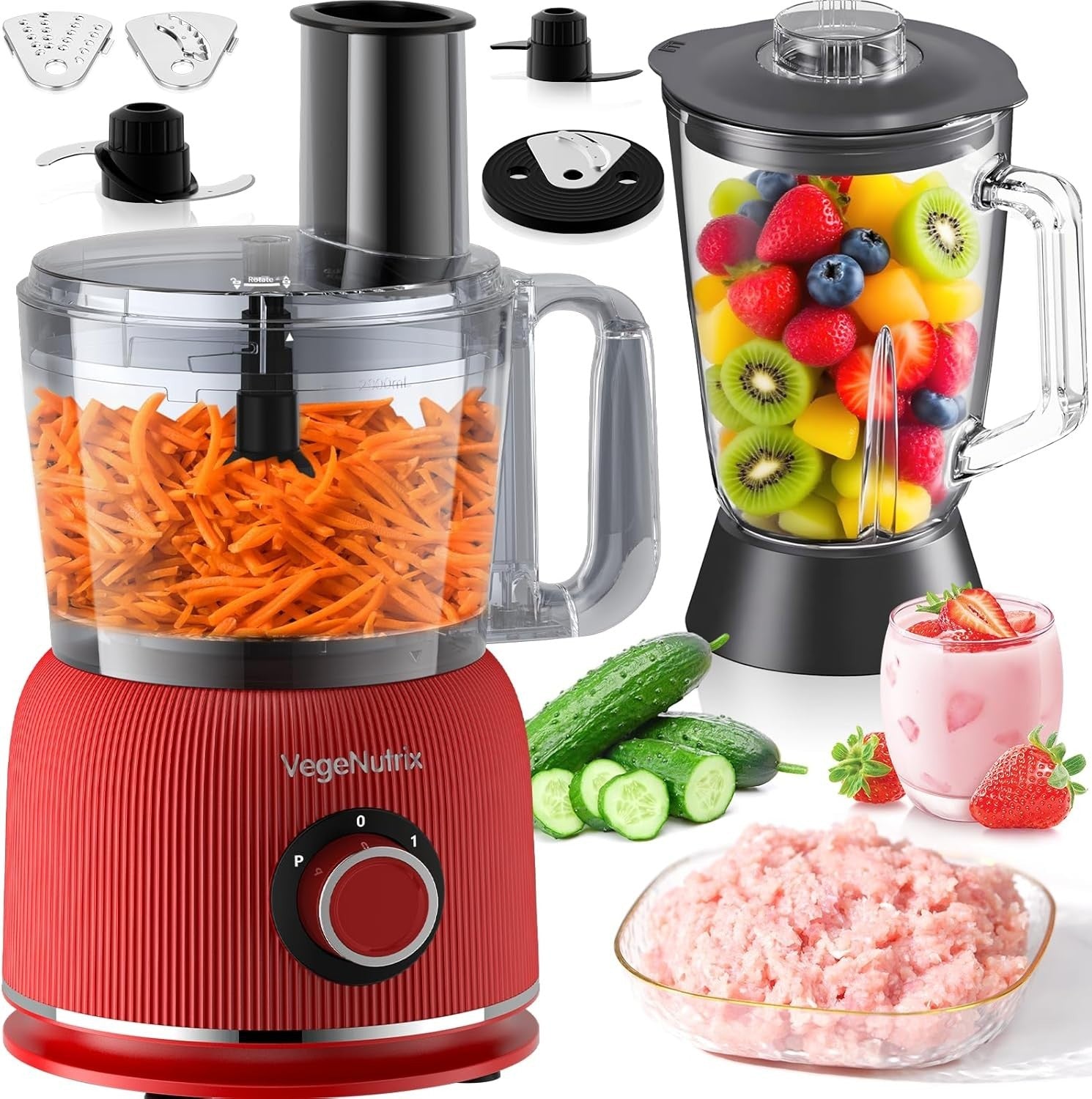 1500W Food Processor Blender Combo 2.5L Chopper 2L Glass Jar Red