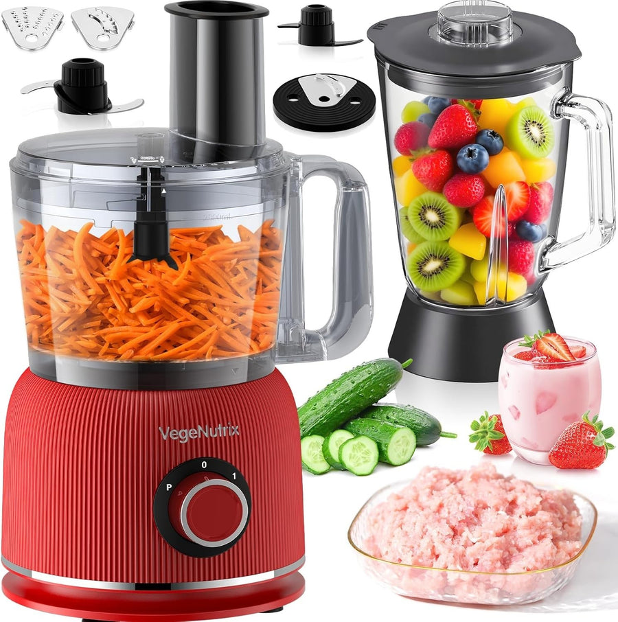 1500W Food Processor Blender Combo 2.5L Chopper 2L Glass Jar Red