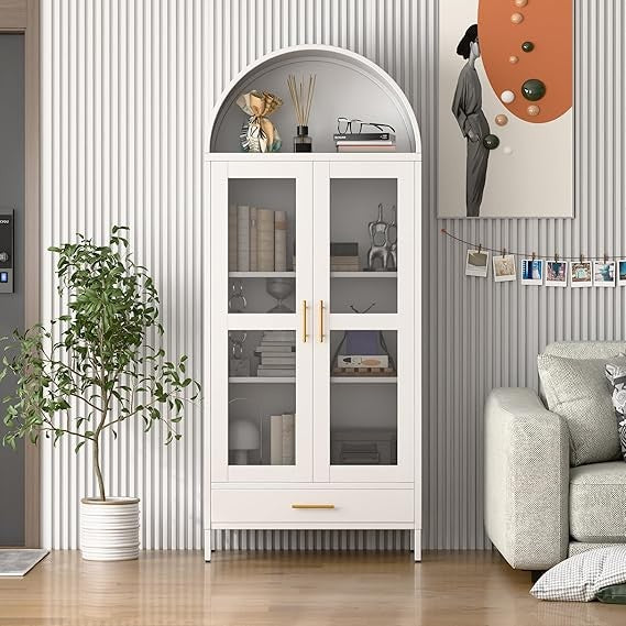Tall Black Arched Pantry Cabinet – 4-Door Storage Unit with Glass Doors 185cm