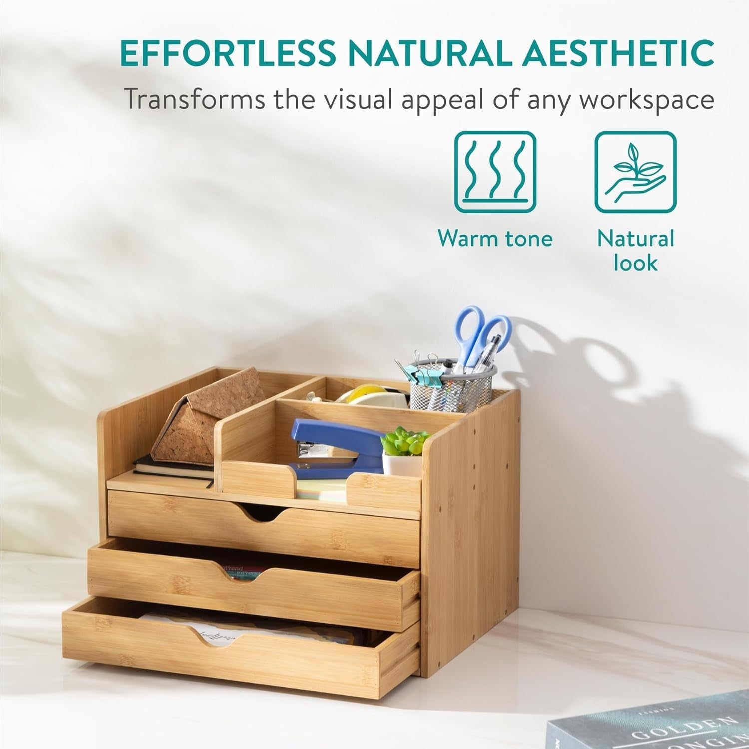 Bamboo Desk Organiser High Capacity Desktop Storage Drawers A4 Paper