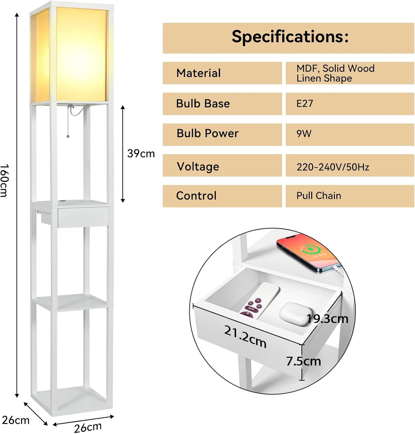Floor Lamp with Shelves Storage LED Light USB Charging Drawer Modern White