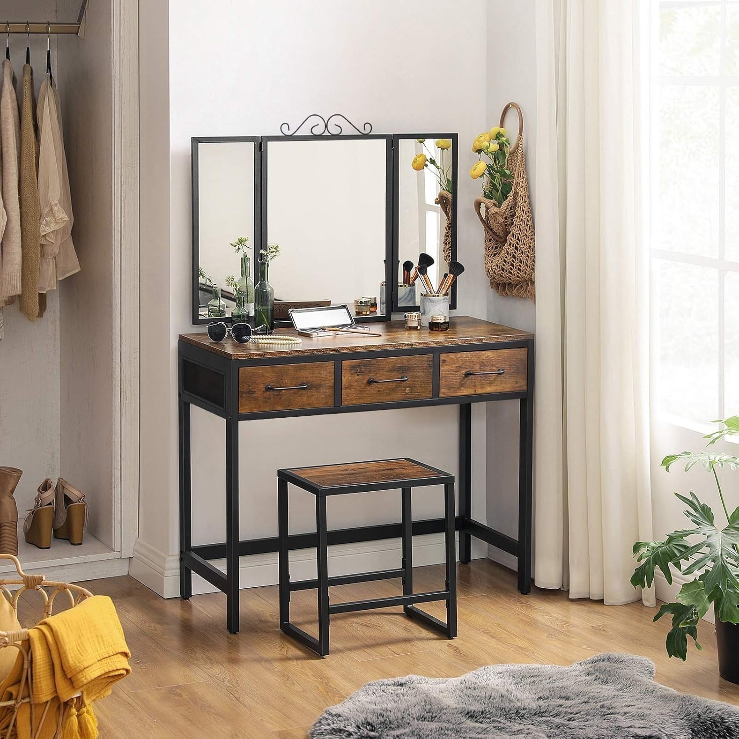 Rustic Dressing Table Vanity Set 3-Fold Mirror Stool Drawers Makeup Desk