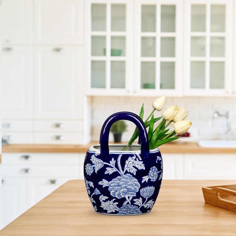 Blue White Ceramic Flower Vase Handbag Style Table Decor Porcelain 27cm