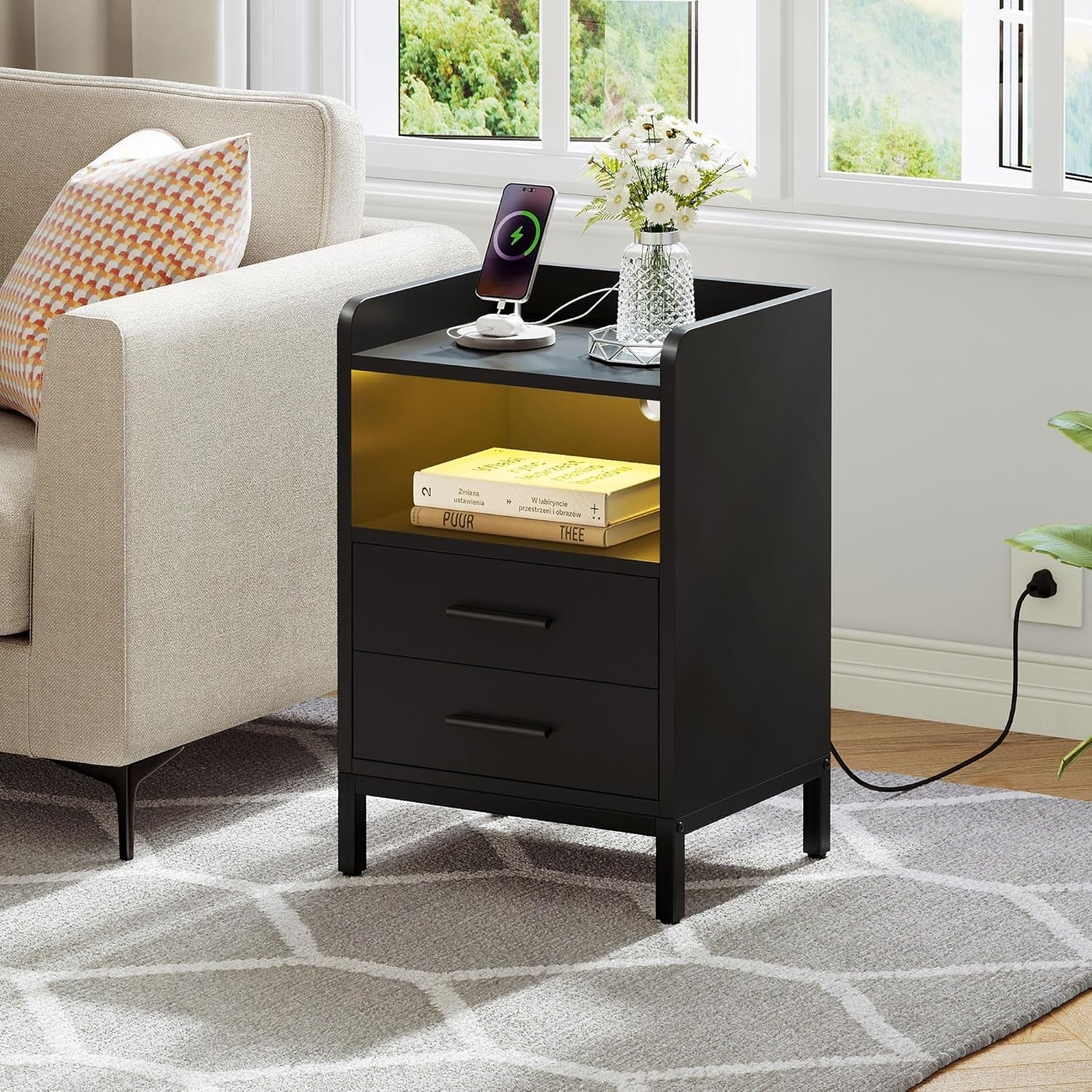 Modern LED Bedside Table with Charging Station, 2 Drawers, Storage Shelf
