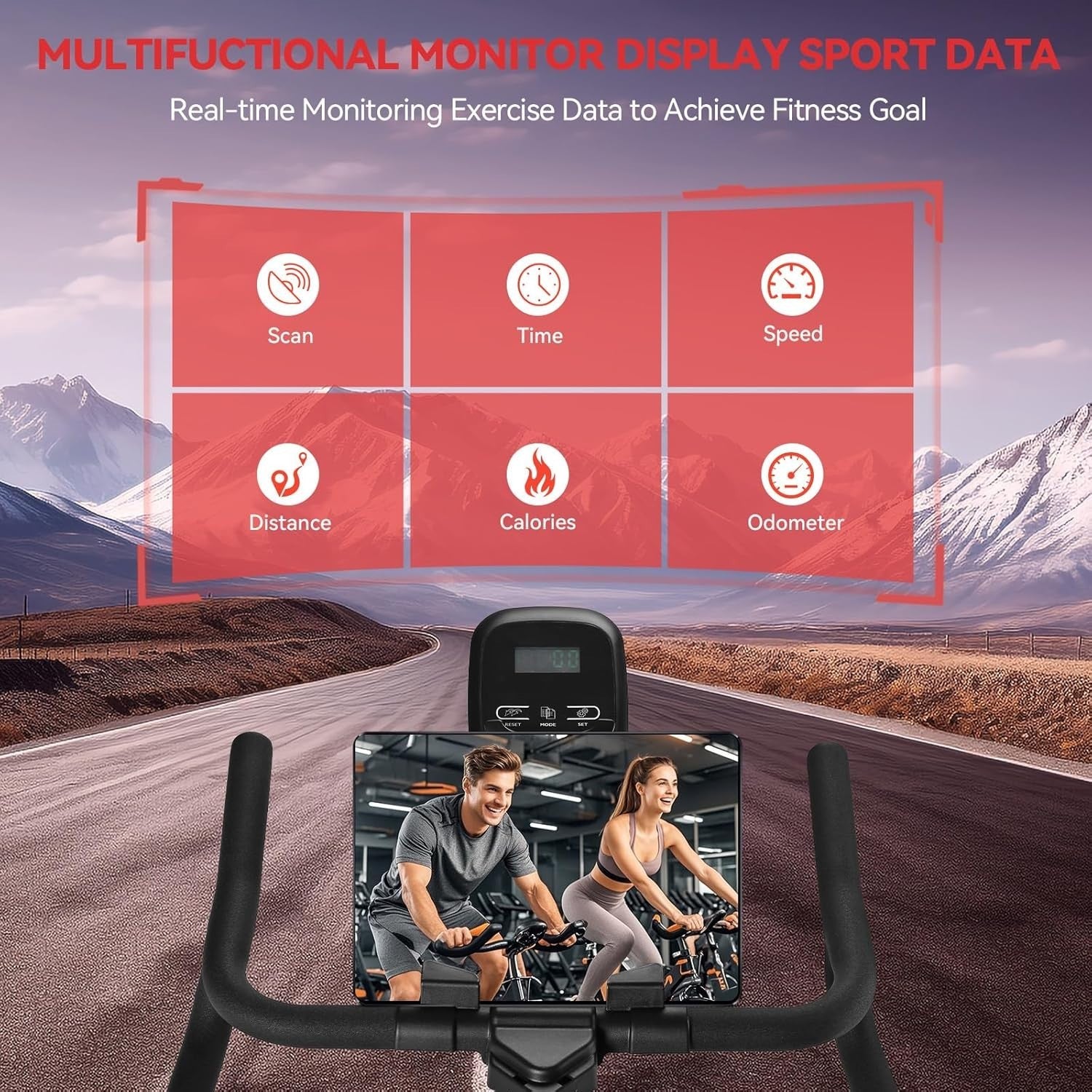 Quiet Spin Bike w/ Curved Handlebar, LCD Monitor, Tablet Holder
