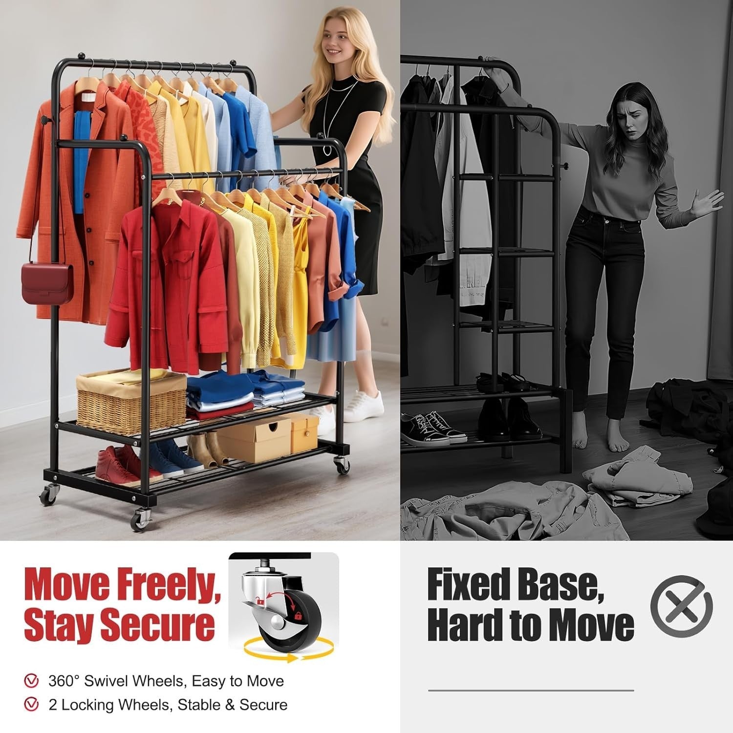 Heavy Duty Double Rod Clothes Rail with Wheels – Black 155cm