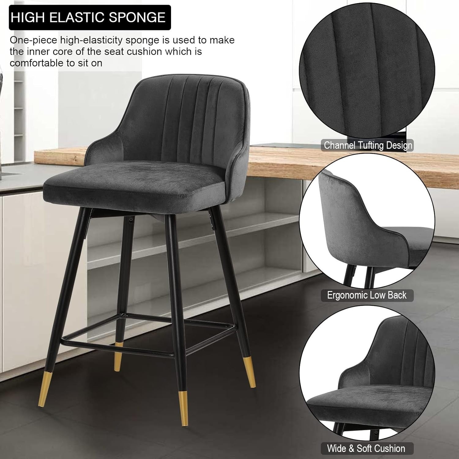 Grey Velvet Swivel Bar Stools Set of 4 – Kitchen Counter Chairs