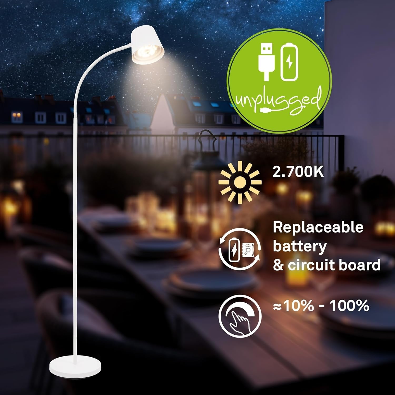 Cordless LED Floor Lamp Touch Control Dimmable Rechargeable Reading Light