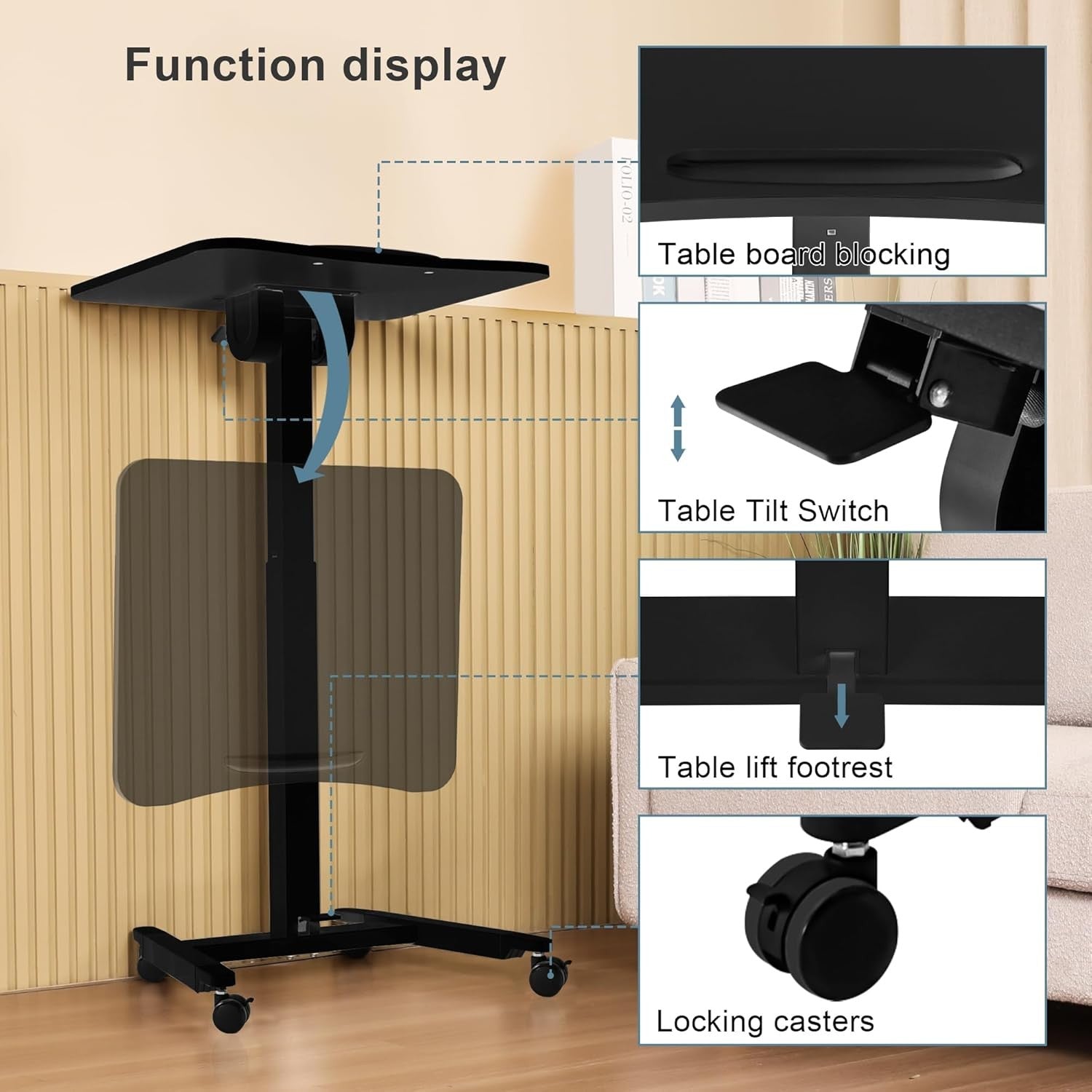 Height Adjustable Overbed Laptop Desk with Wheels, Pneumatic Lift, Bed Sofa Tabl