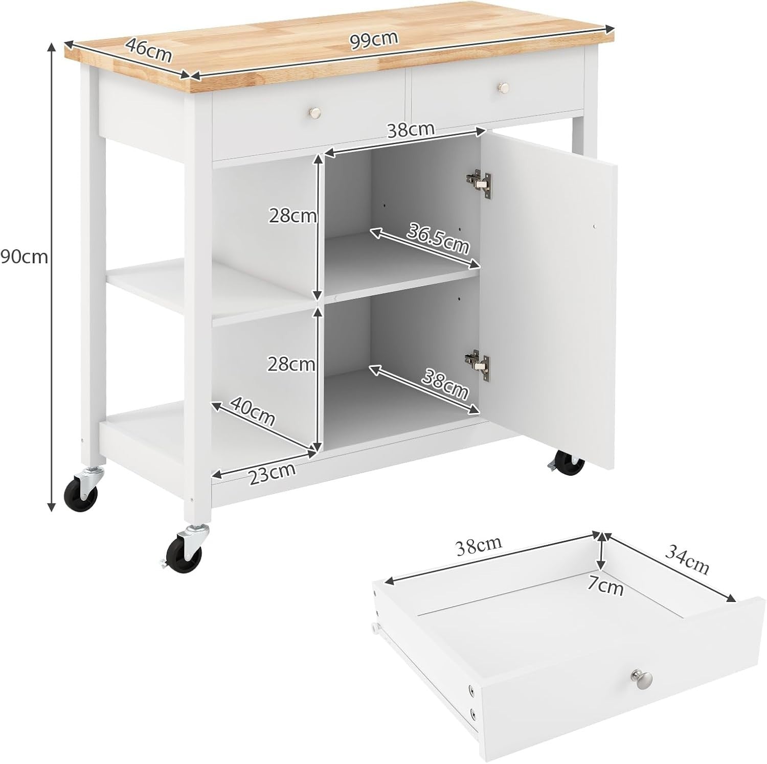 Mobile Kitchen Island Cart with Adjustable Shelves, Drawers & Lockable Wheels
