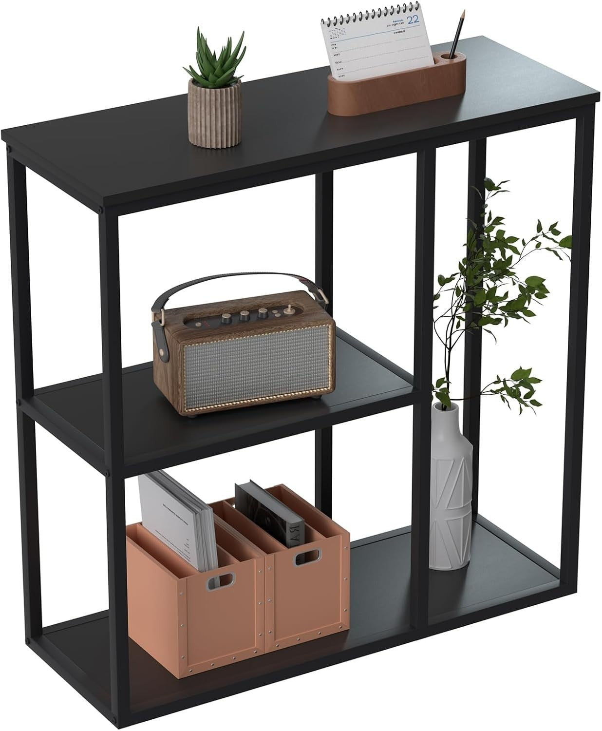 Compact Industrial 3-Tier Console Table with Storage Shelves – Black 80x30x80cm