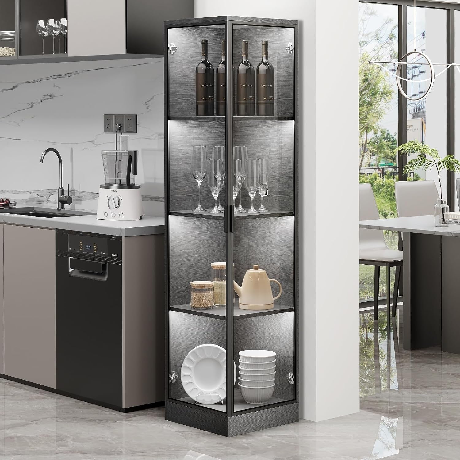 Tall LED Corner Display Cabinet 4-Tier Glass Showcase Unit with Sensor Lighting