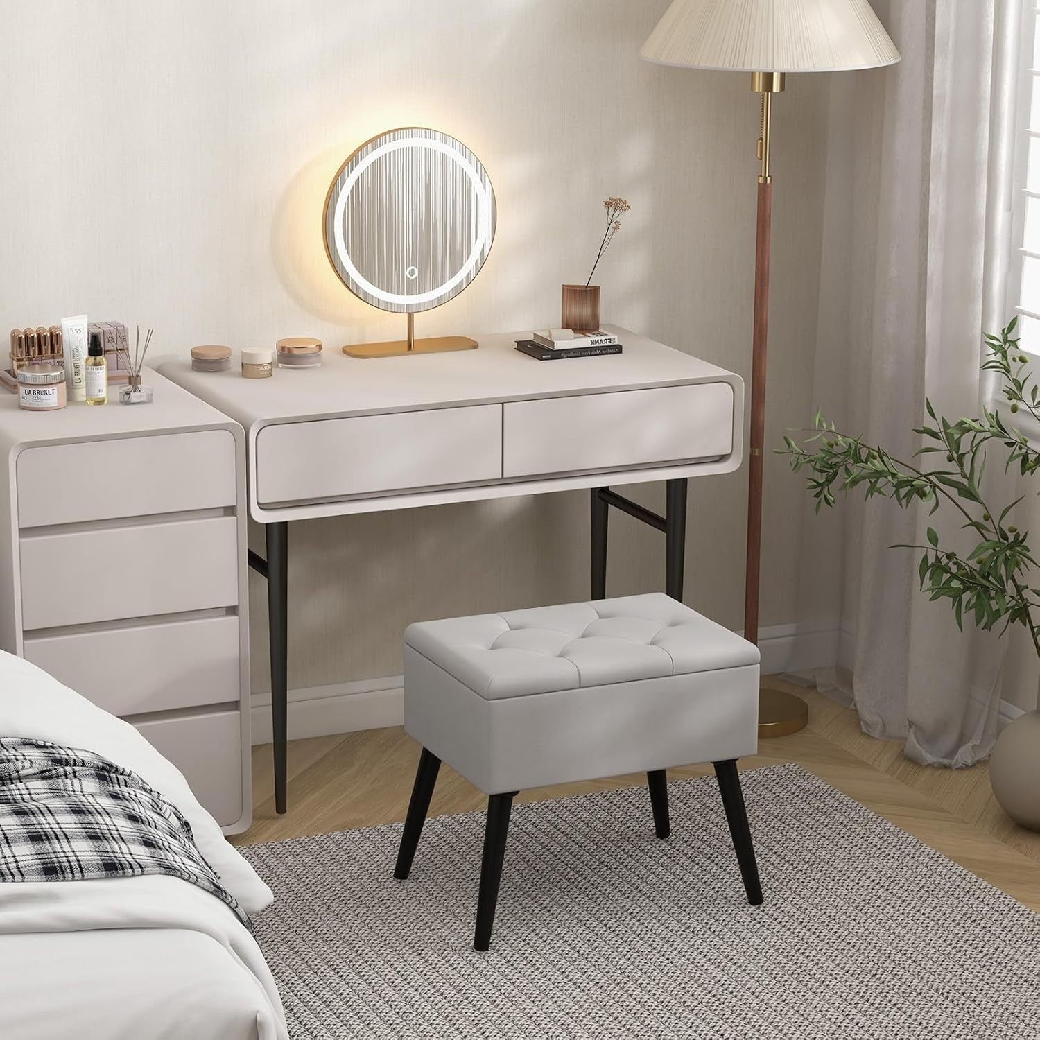 Grey Velvet Flip-Top Storage Footstool Ottoman Vanity Stool with Wood Legs