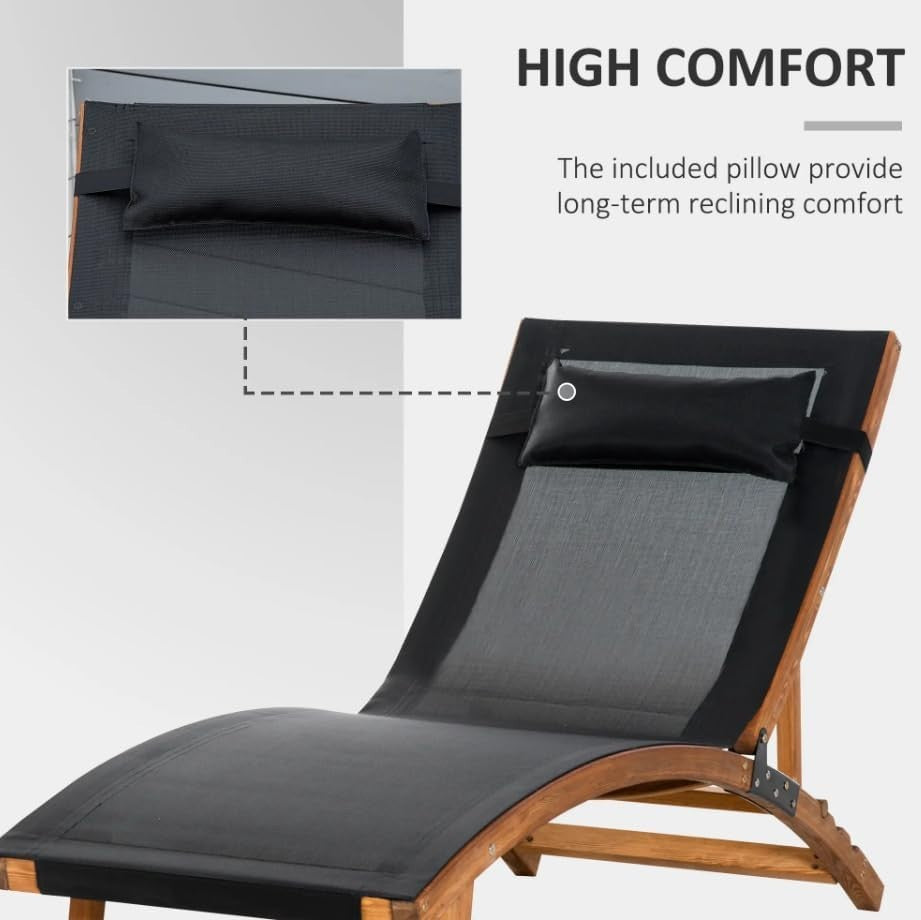 Adjustable Wooden Sun Lounger with Cushion Rustic Outdoor Patio Daybed