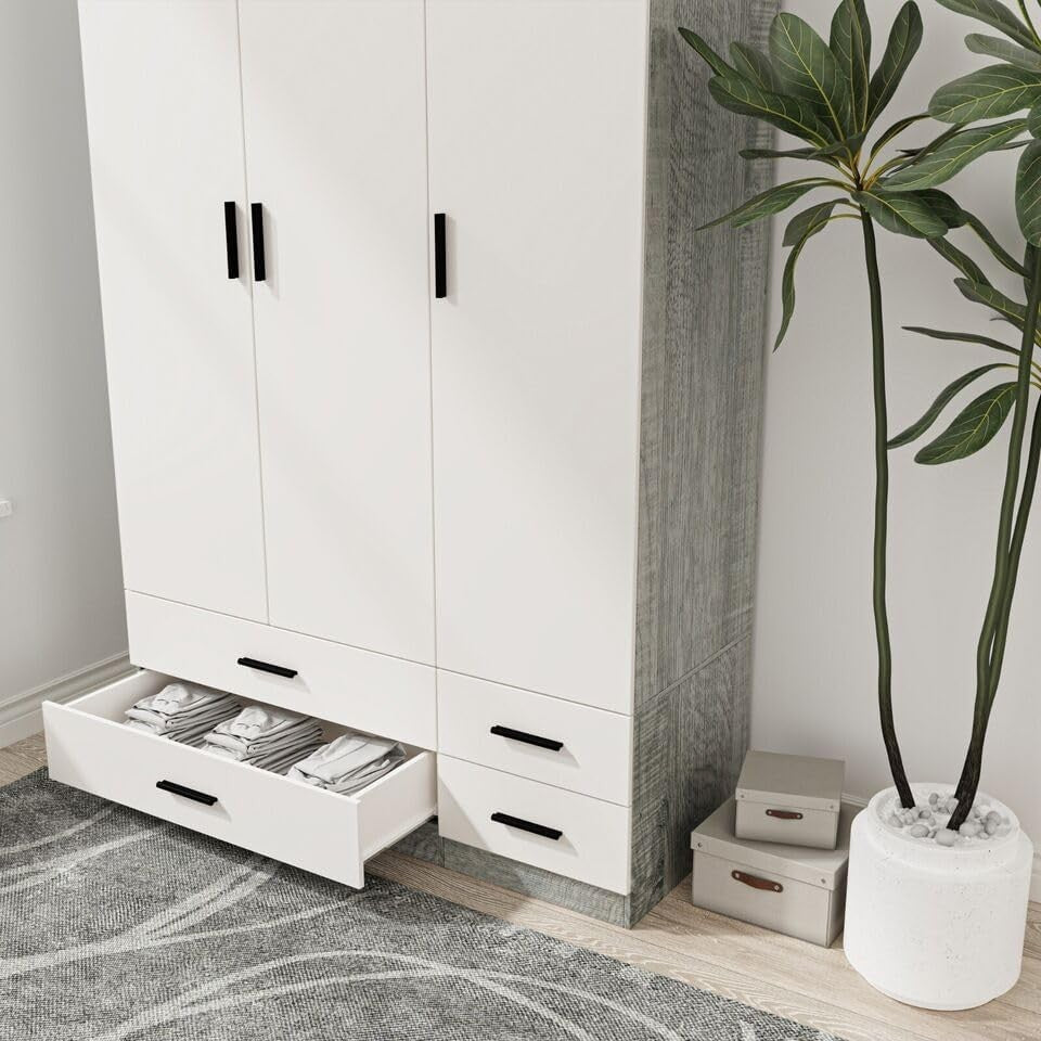 3 Door 4 Drawer Wardrobe Hanging Rail Storage Ash Grey & White Bedroom