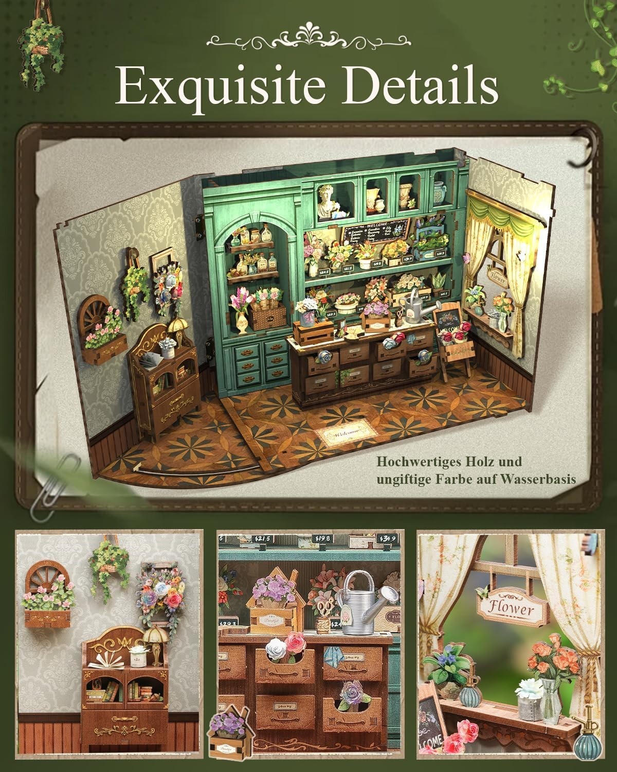 LED Florist Shop Book Nook Miniature House Bookend Bookshelf Decor