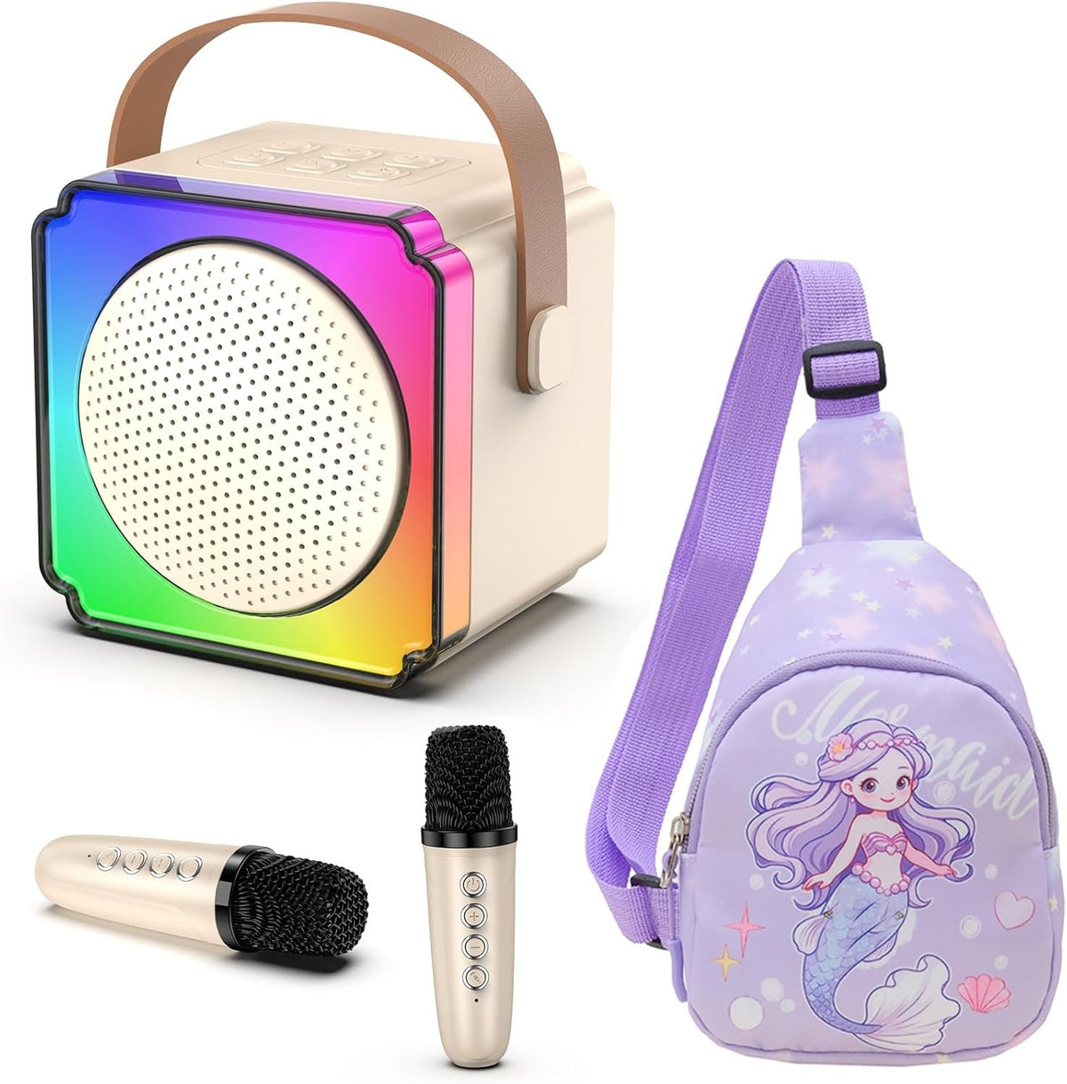 Cream Kids Karaoke Machine with 2 Mics LED Bluetooth Speaker