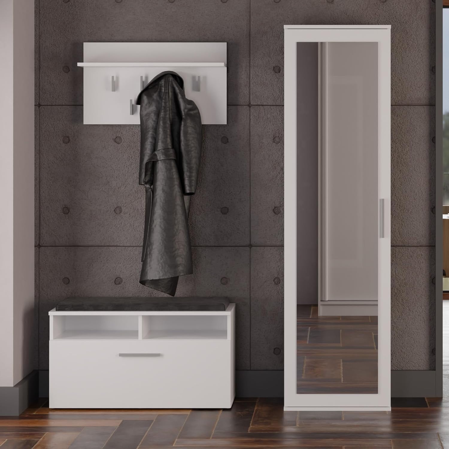 Slim White Entryway Wardrobe with Mirror, Hooks & Storage | 180cm