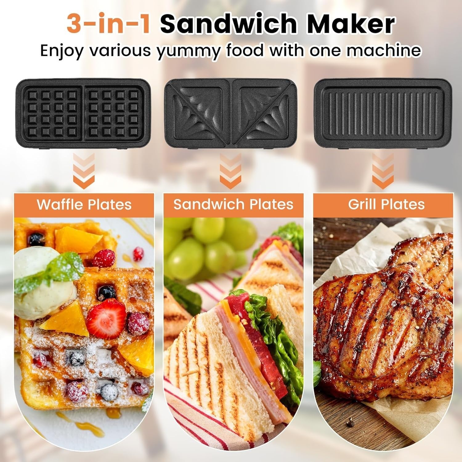 3-in-1 Sandwich Maker 28x15x28cm Non-Stick Plates Waffle Panini Grill