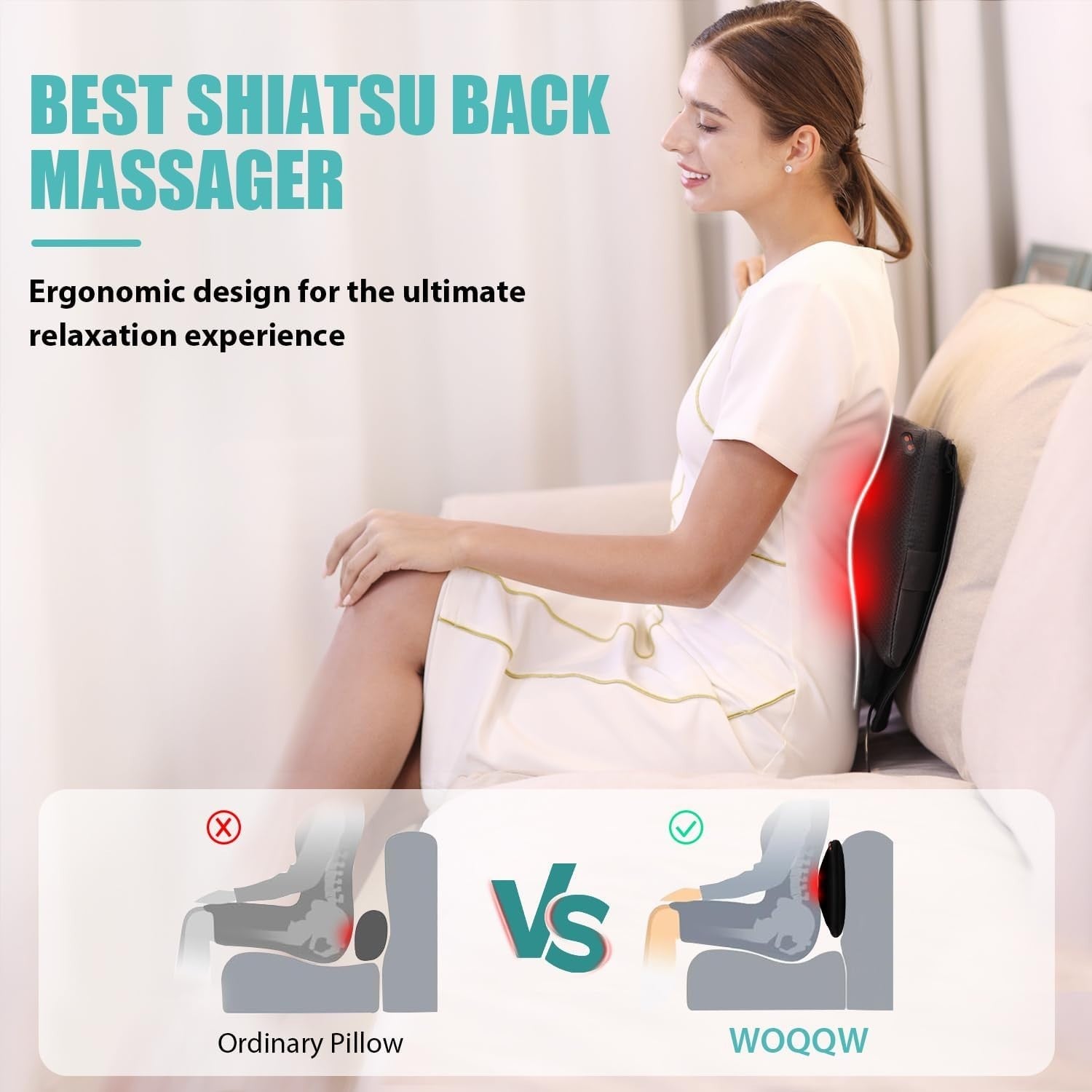 Shiatsu Back & Neck Massager Pillow with Heat Deep Tissue Kneading Relief