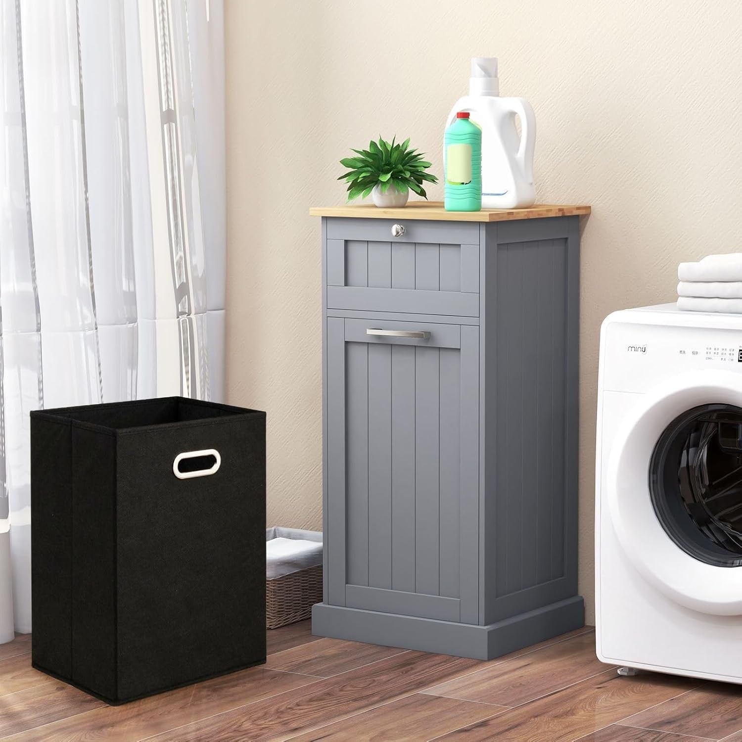 Grey 30L Tilt-Out Laundry Cabinet With Drawer Bamboo Top Modern Storage