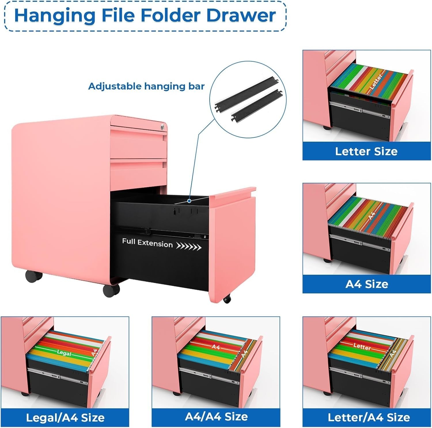 Pink Lockable Metal Filing Cabinet 3 Drawer A4 Anti Tilt on Wheels