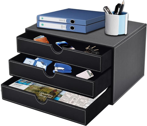PU Leather Desk Organizer with 3 Drawers – Office & Home Storage Box