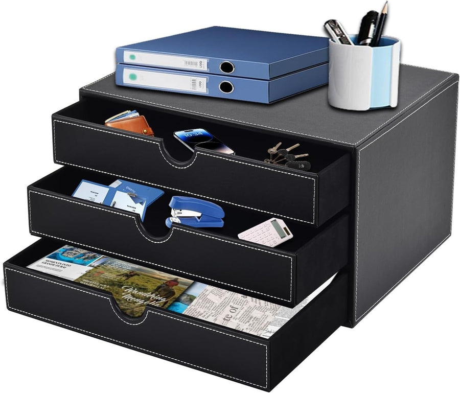 PU Leather Desk Organizer with 3 Drawers – Office & Home Storage Box
