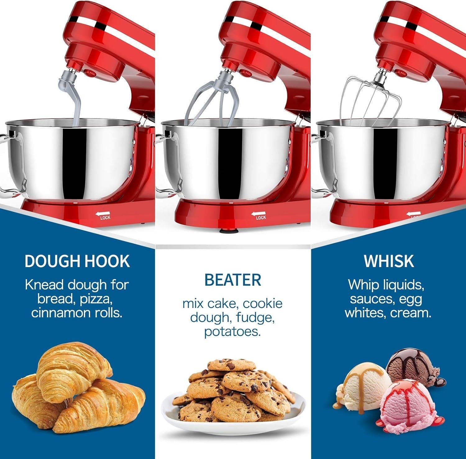 5QT 1000W Stand Mixer 8-Speed Tilt-Head Food Mixer Red Stainless Steel
