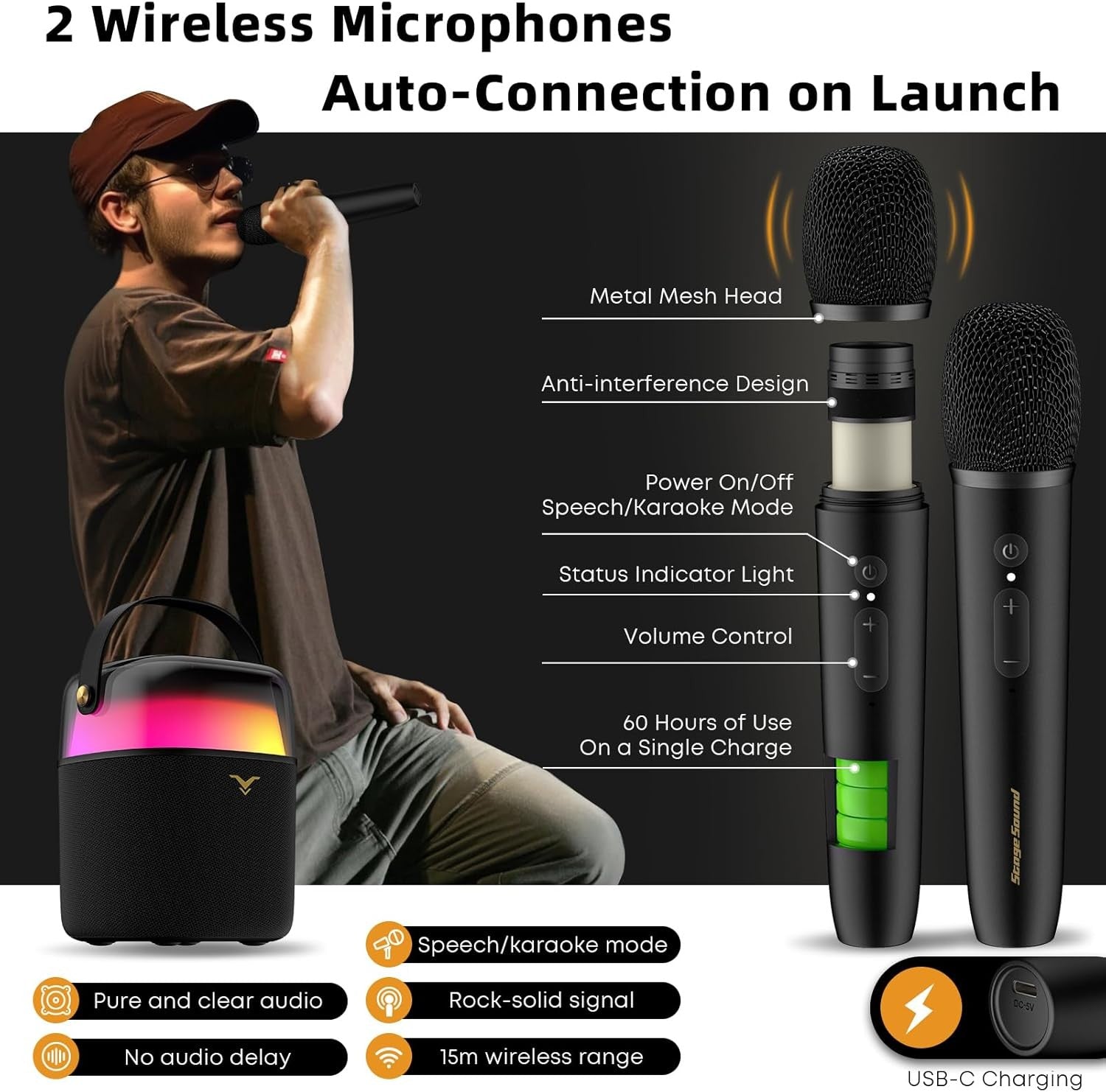 60W Karaoke Machine 2 Wireless Mics Bluetooth PA Speaker