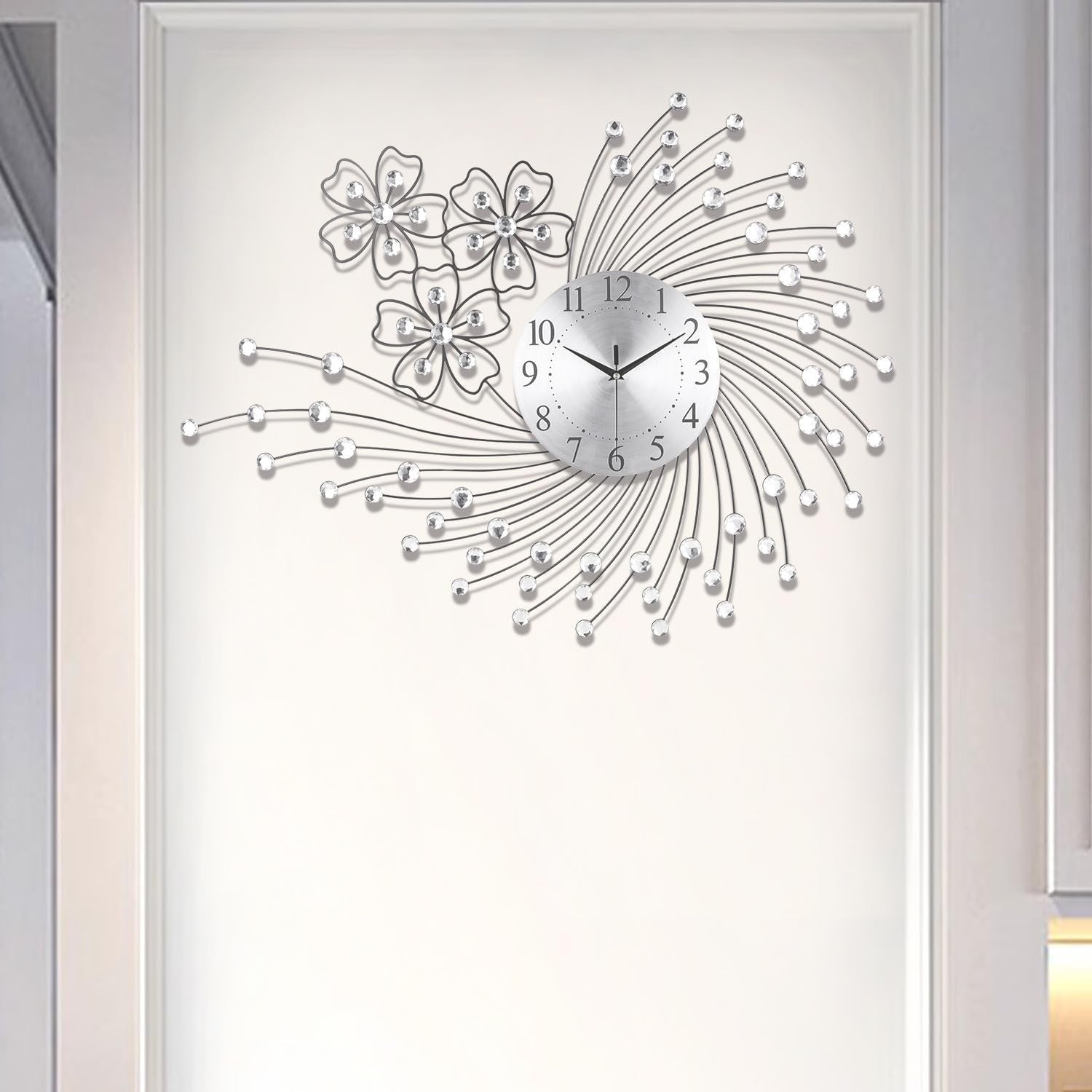 83×63cm Large Silver Wall Clock – Silent Quartz Modern Oversized Art Design