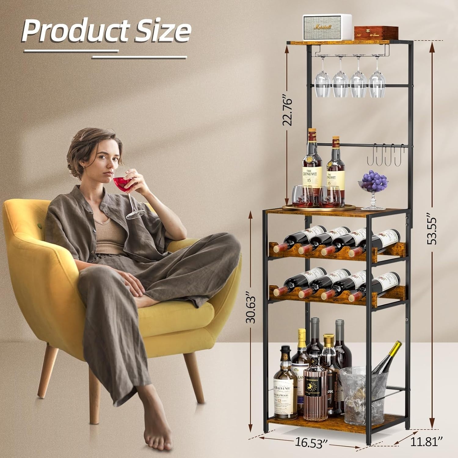 5-Tier Wine Rack with Glass Holder & Hooks, Freestanding Bar Cabinet