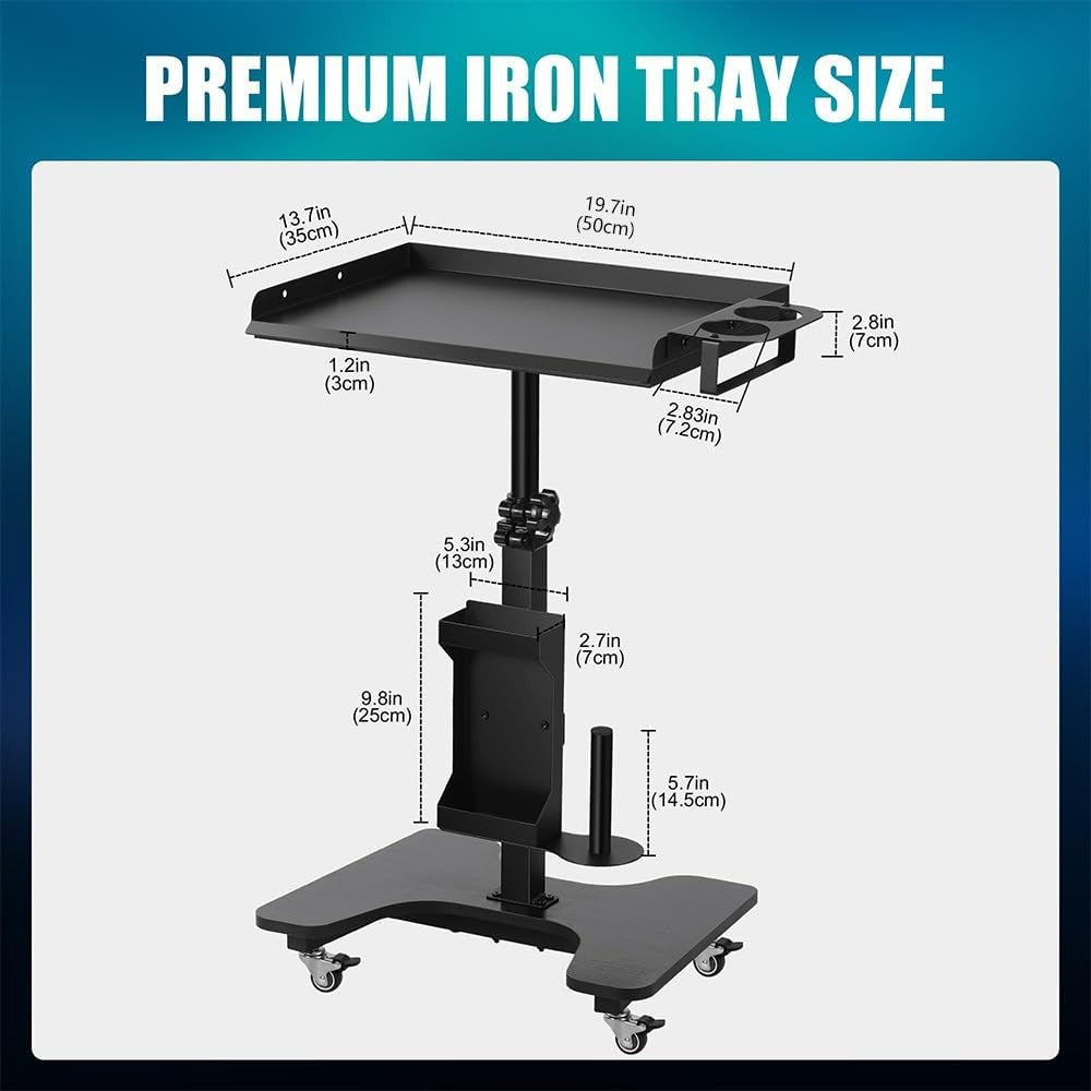 Adjustable Tattoo Tray Cart on Wheels Rolling Workstation Storage Table