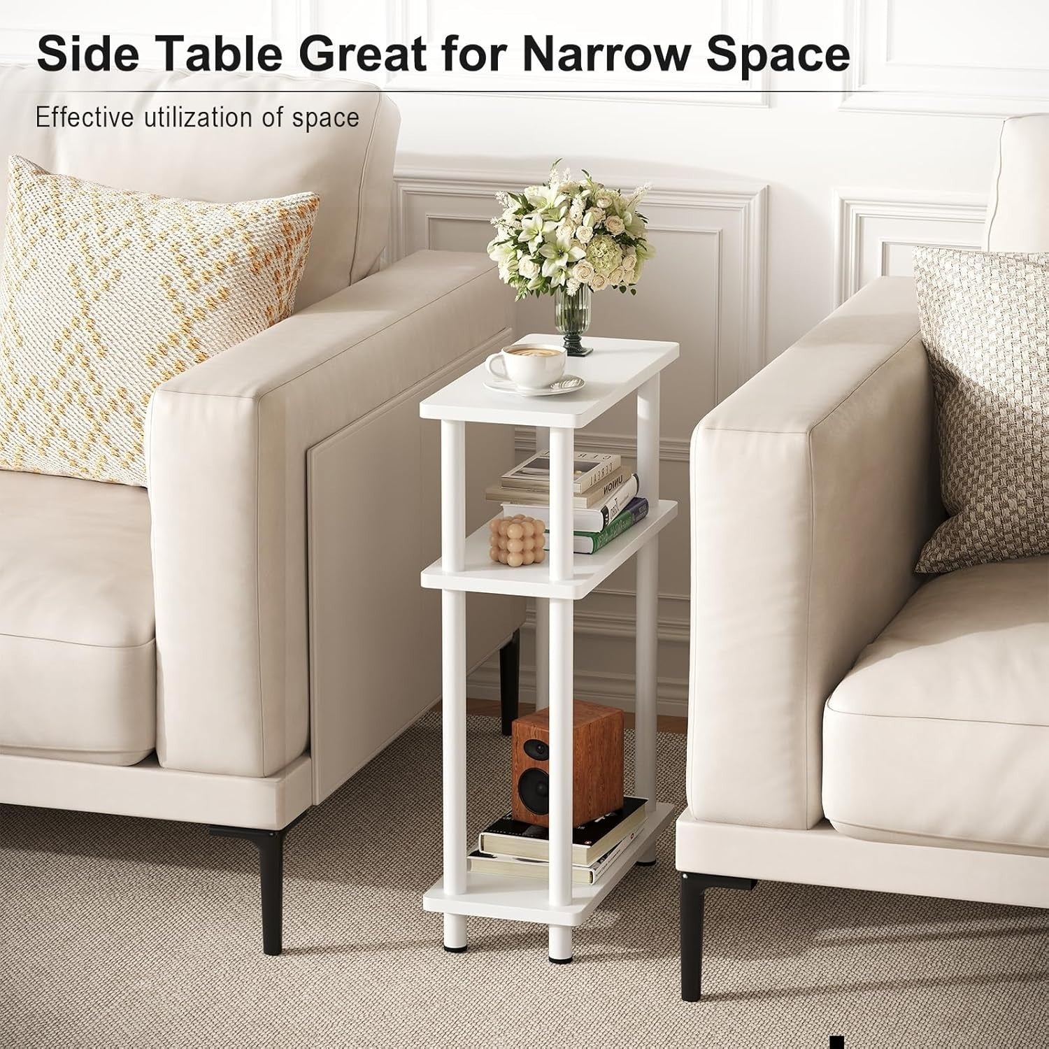 Slim 3-Tier Narrow Side Table, Space-Saving End Table for Living Room, Bedroom
