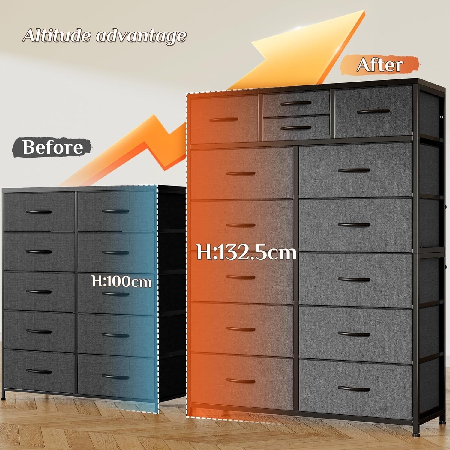 Tall Fabric Chest of 14 Drawers Storage Unit Grey, Bedroom Dresser